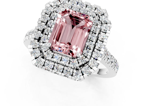 Platinum Double Halo Emerald Cut Morganite Pavé Band with Four-Prong Setting