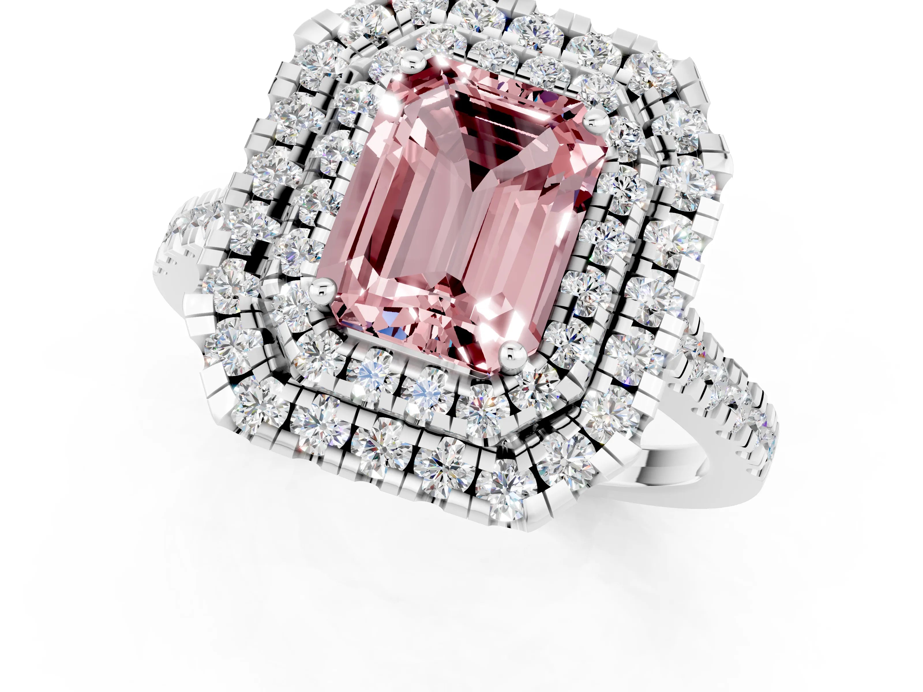 White gold Double Halo Emerald Cut Morganite Pavé Band with Four-Prong Setting_1