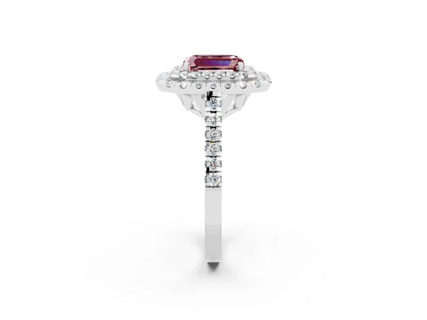 White gold Double Halo Emerald Cut Morganite Pavé Band with Four-Prong Setting_2