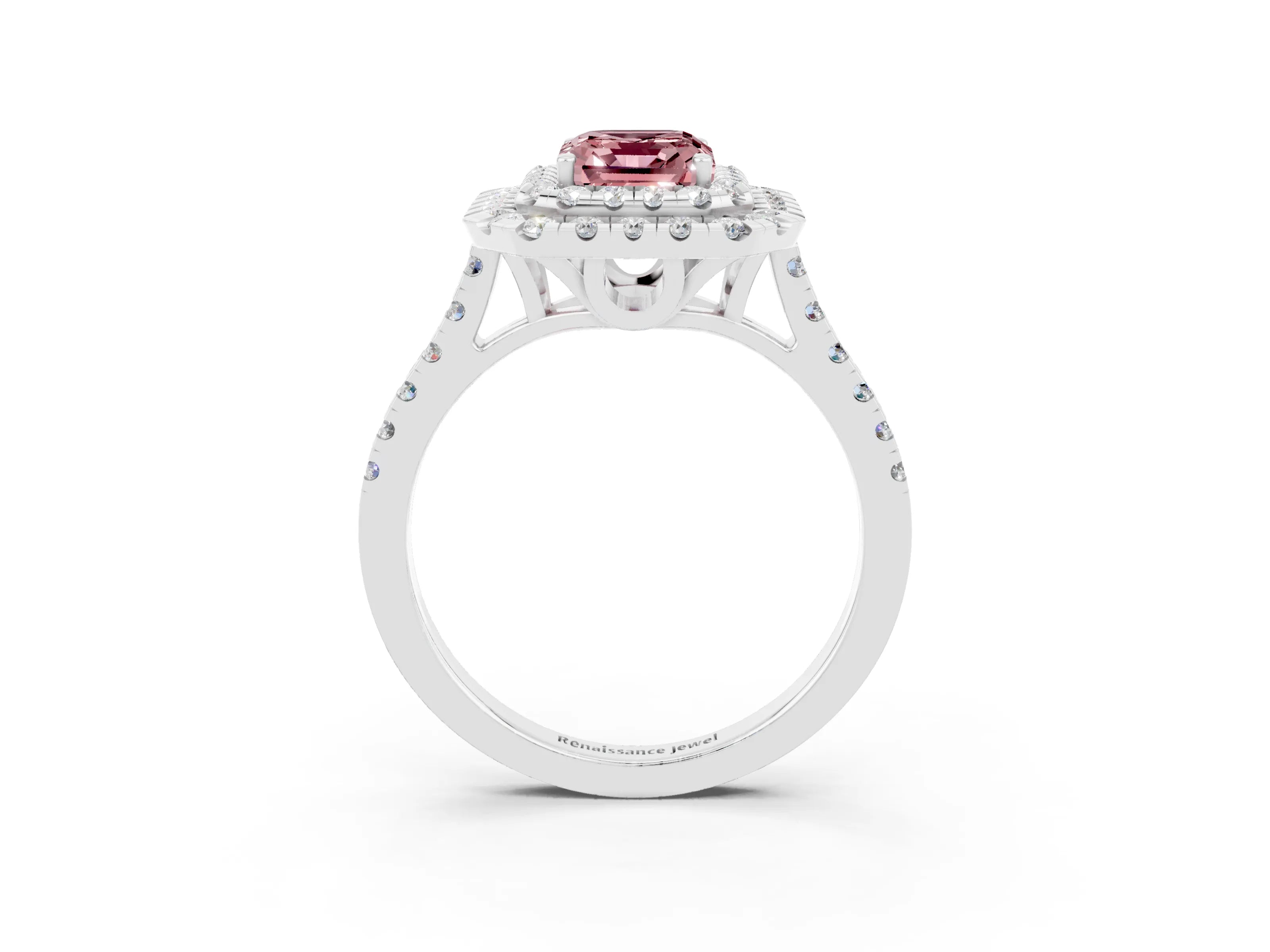 White gold Double Halo Emerald Cut Morganite Pavé Band with Four-Prong Setting_3