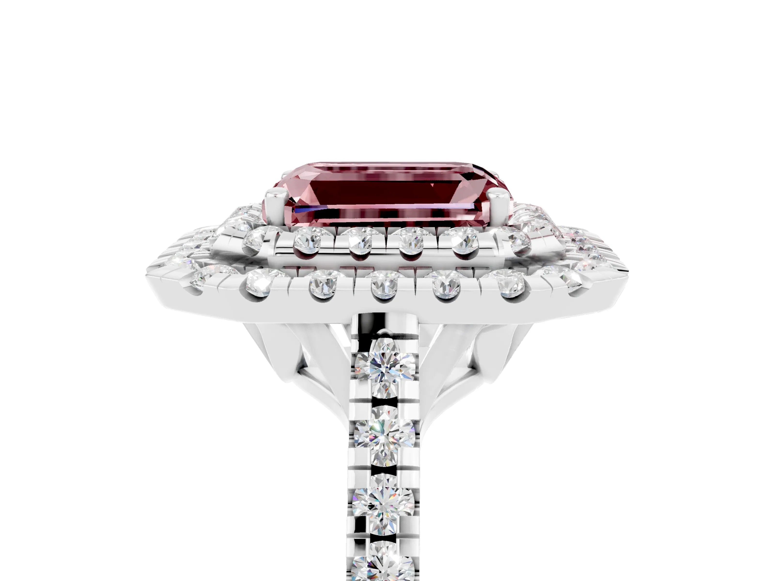 White gold Double Halo Emerald Cut Morganite Pavé Band with Four-Prong Setting_5