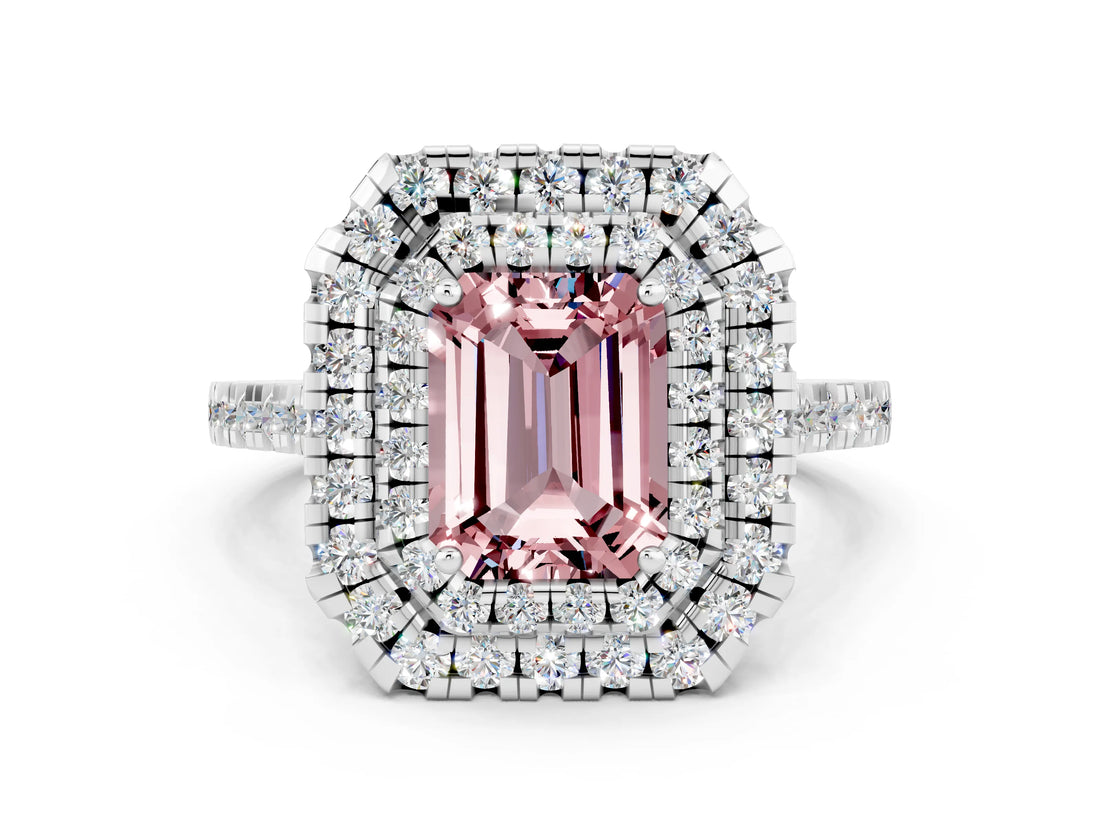 White gold Double Halo Emerald Cut Morganite Pavé Band with Four-Prong Setting