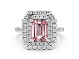 White gold Double Halo Emerald Cut Morganite Pavé Band with Four-Prong Setting