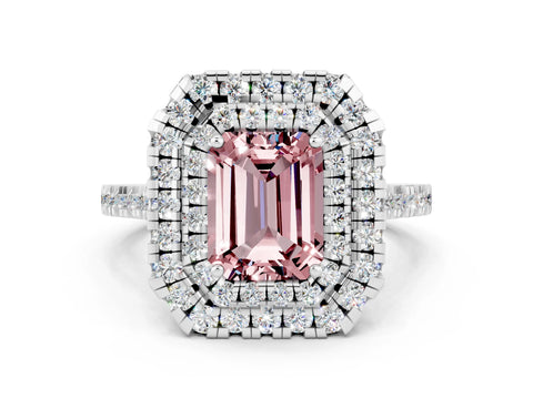 White gold Double Halo Emerald Cut Morganite Pavé Band with Four-Prong Setting