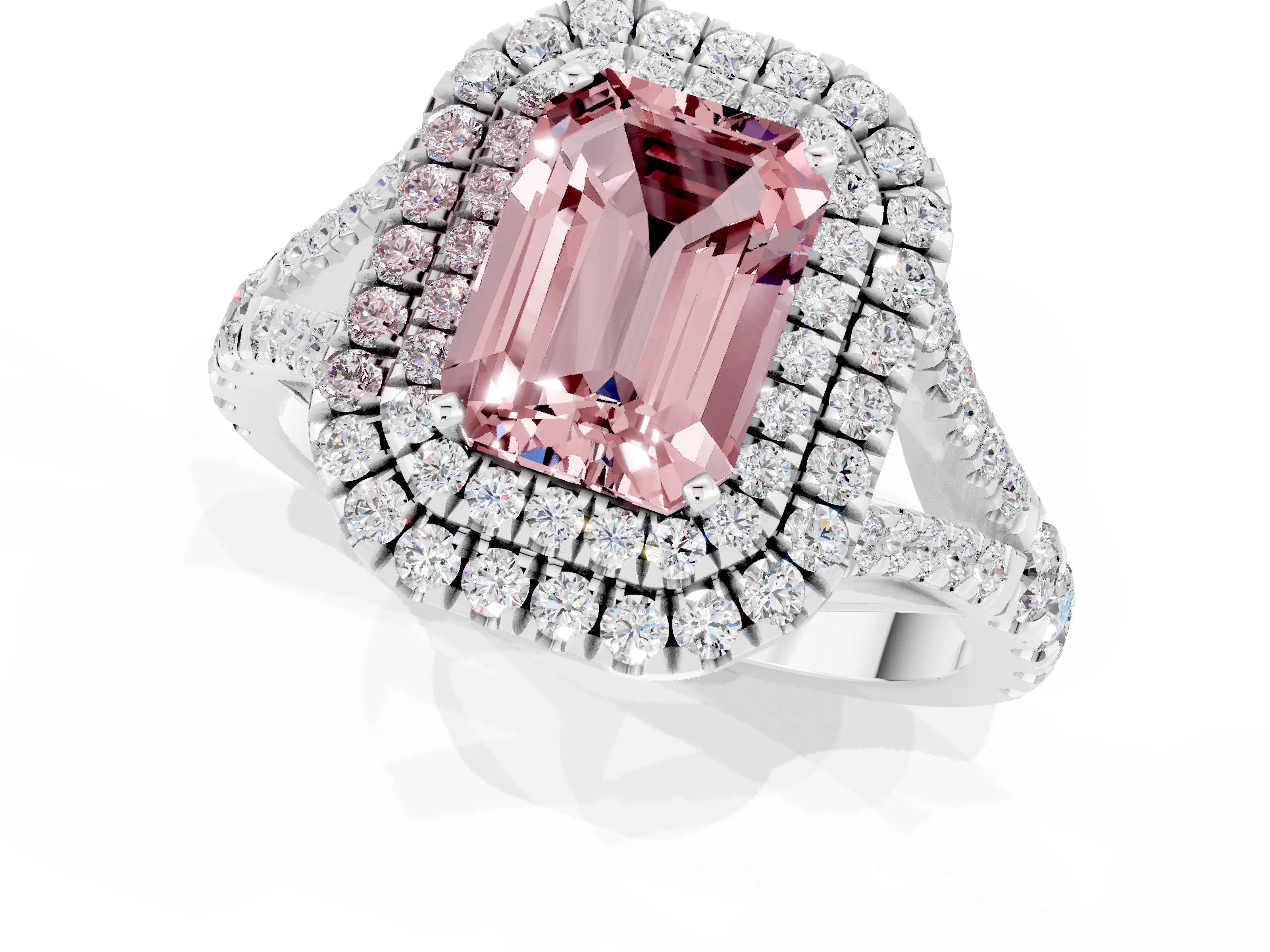 White gold Double Halo Emerald Cut Morganite Pavé Split Shank Ring with Prong Setting_1