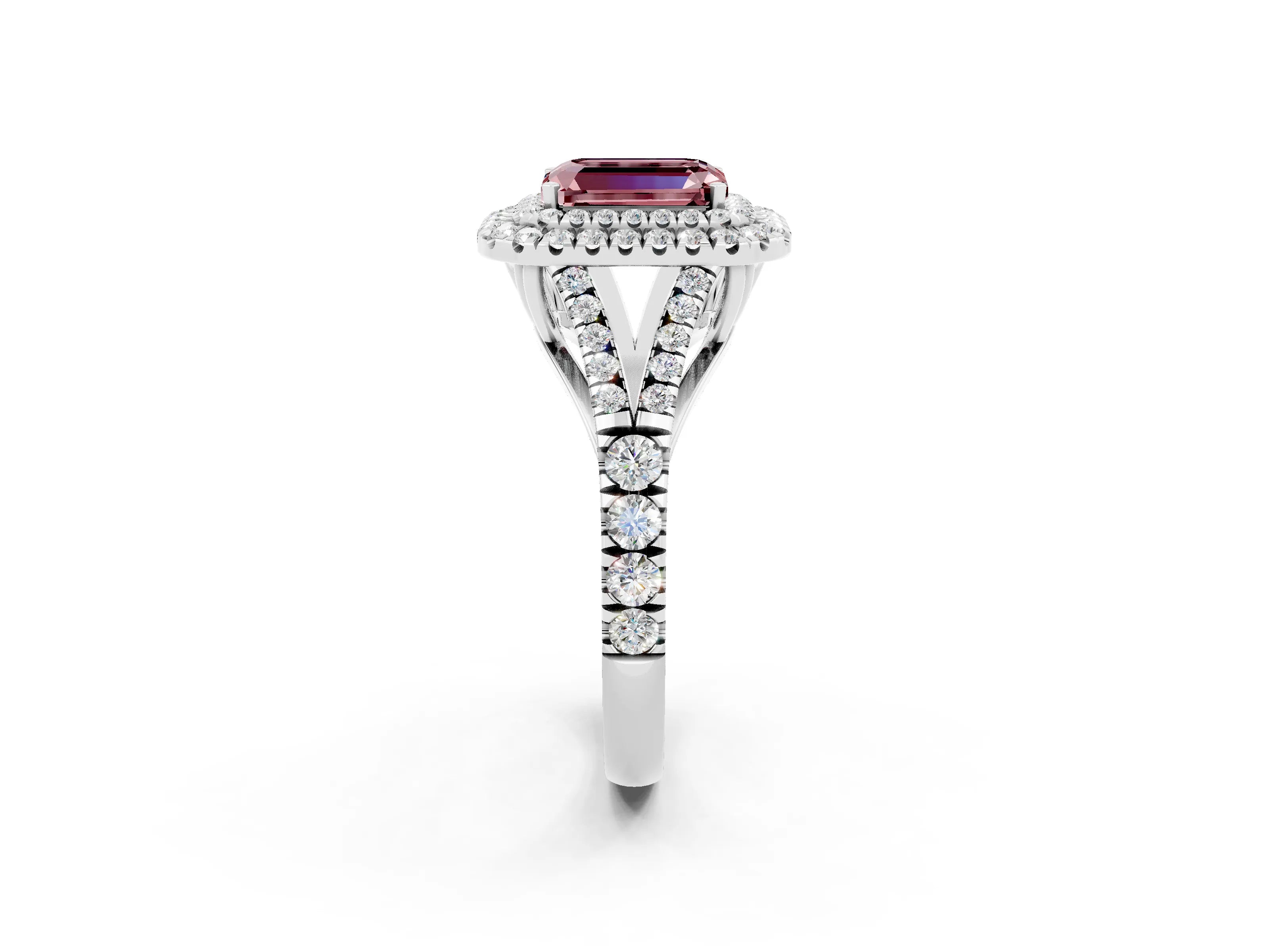 White gold Double Halo Emerald Cut Morganite Pavé Split Shank Ring with Prong Setting_2