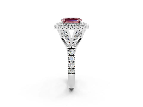 White gold Double Halo Emerald Cut Morganite Pavé Split Shank Ring with Prong Setting_2