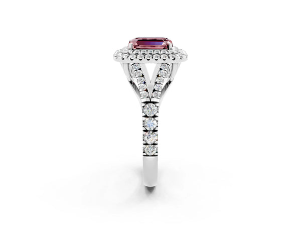 White gold Double Halo Emerald Cut Morganite Pavé Split Shank Ring with Prong Setting