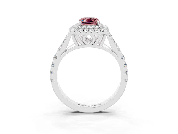 Platinum Double Halo Emerald Cut Morganite Pavé Split Shank Ring with Prong Setting