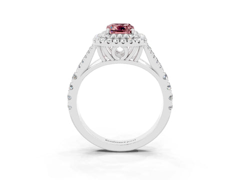 White gold Double Halo Emerald Cut Morganite Pavé Split Shank Ring with Prong Setting_3