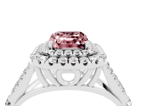 White gold Double Halo Emerald Cut Morganite Pavé Split Shank Ring with Prong Setting_4