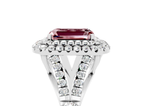 White gold Double Halo Emerald Cut Morganite Pavé Split Shank Ring with Prong Setting_5