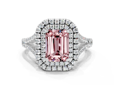 White gold Double Halo Emerald Cut Morganite Pavé Split Shank Ring with Prong Setting