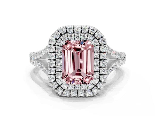 Silver Double Halo Emerald Cut Morganite Pavé Split Shank Ring with Prong Setting
