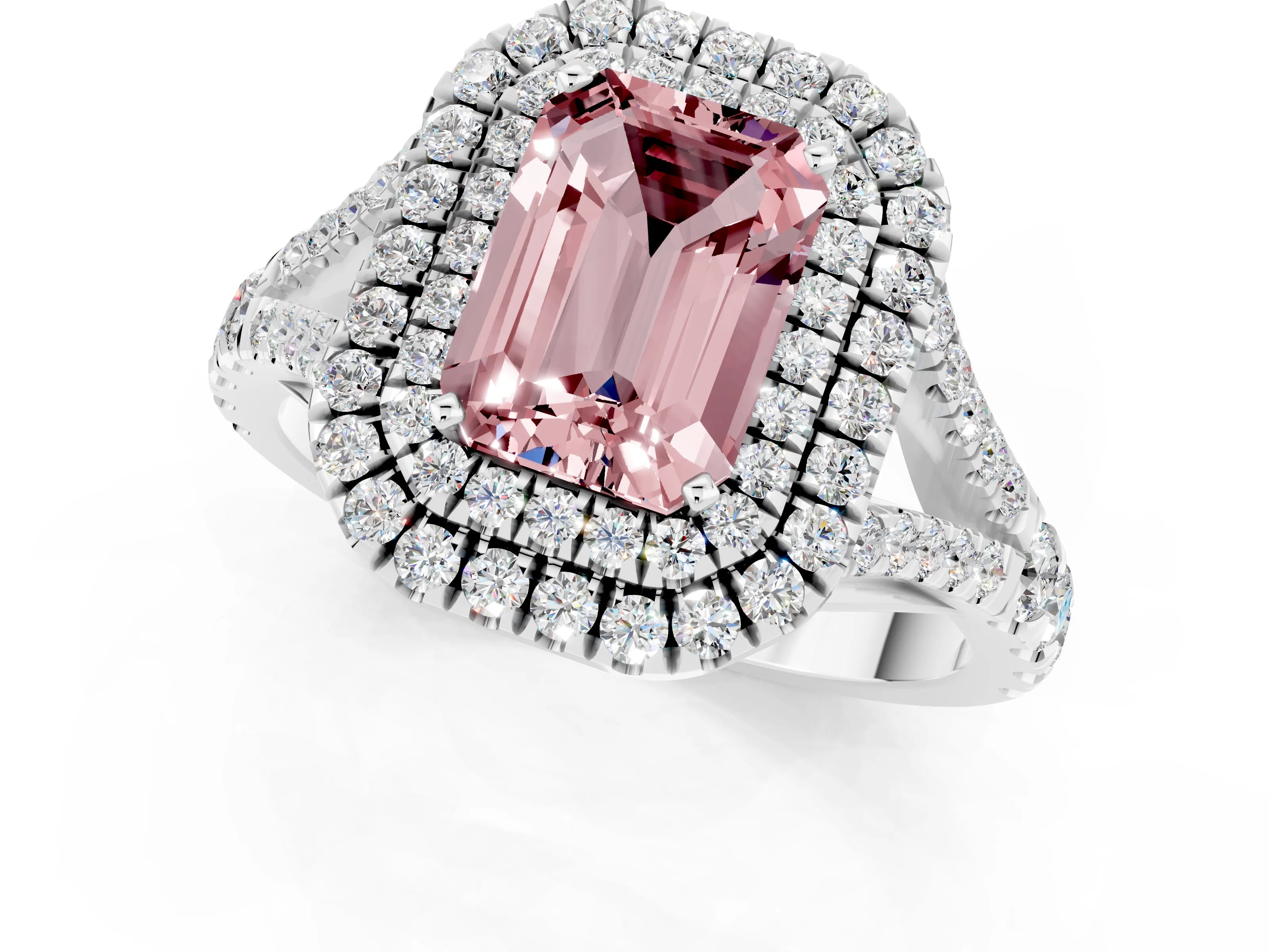 White gold Double Halo Emerald Cut Morganite Split Shank Engagement Ring with Four-Prong Setting_1