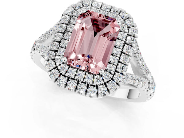 Silver Double Halo Emerald Cut Morganite Split Shank Engagement Ring with Four-Prong Setting