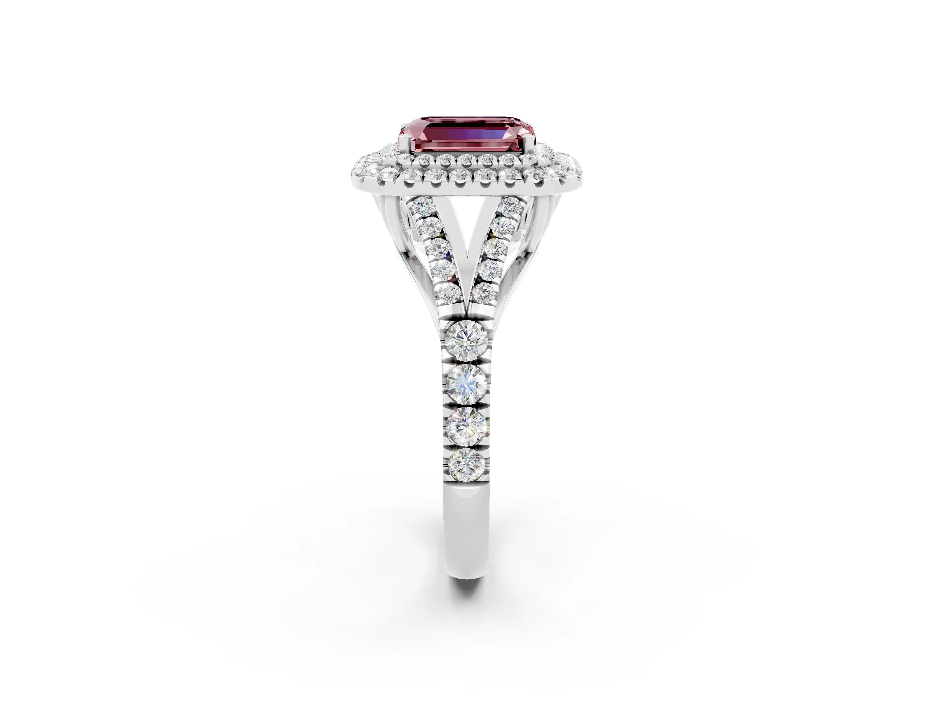 White gold Double Halo Emerald Cut Morganite Split Shank Engagement Ring with Four-Prong Setting_2