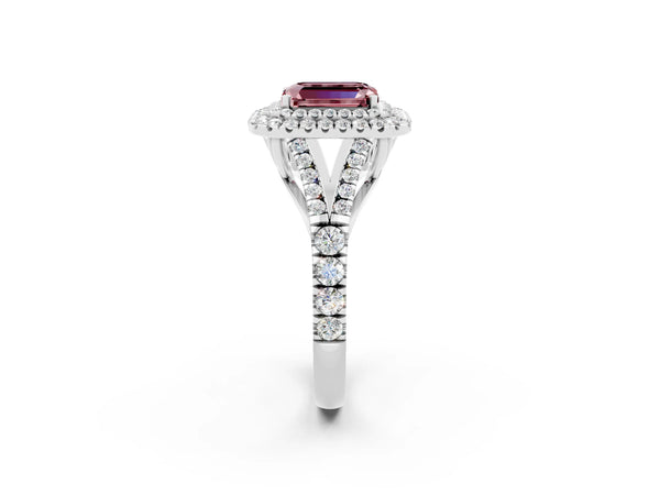 White gold Double Halo Emerald Cut Morganite Split Shank Engagement Ring with Four-Prong Setting