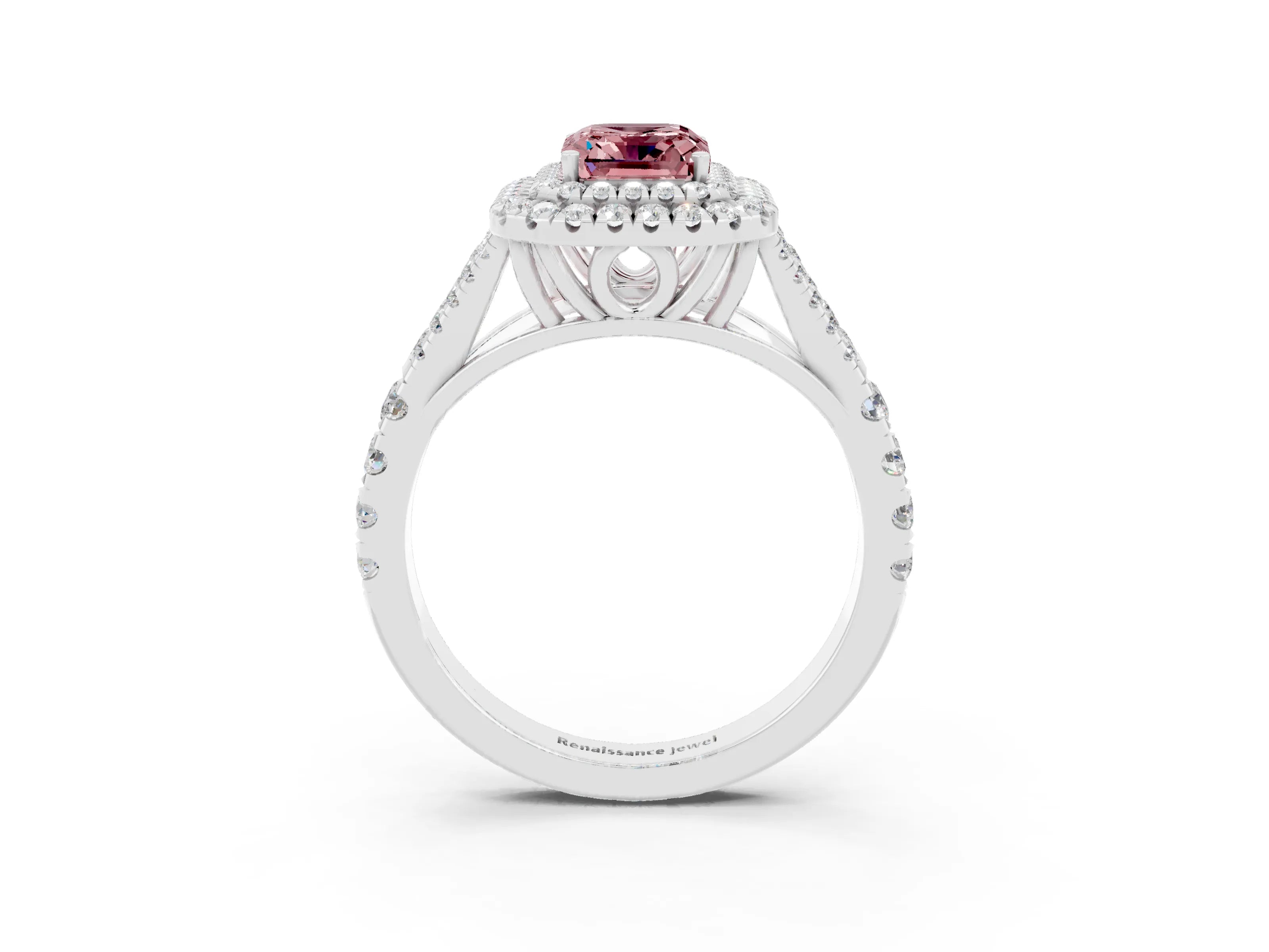 White gold Double Halo Emerald Cut Morganite Split Shank Engagement Ring with Four-Prong Setting_3