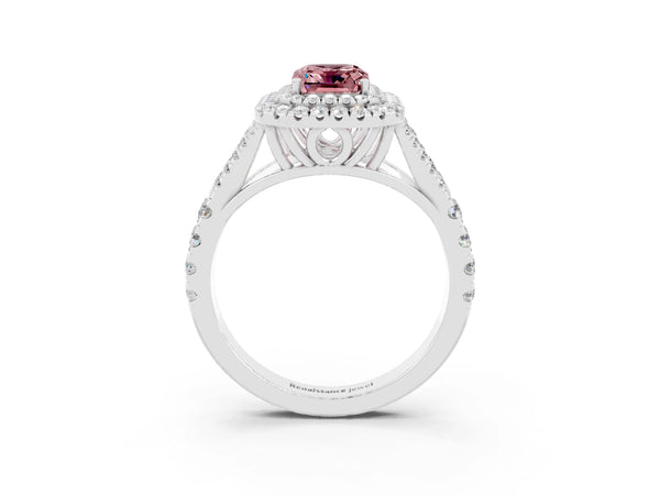 White gold Double Halo Emerald Cut Morganite Split Shank Engagement Ring with Four-Prong Setting