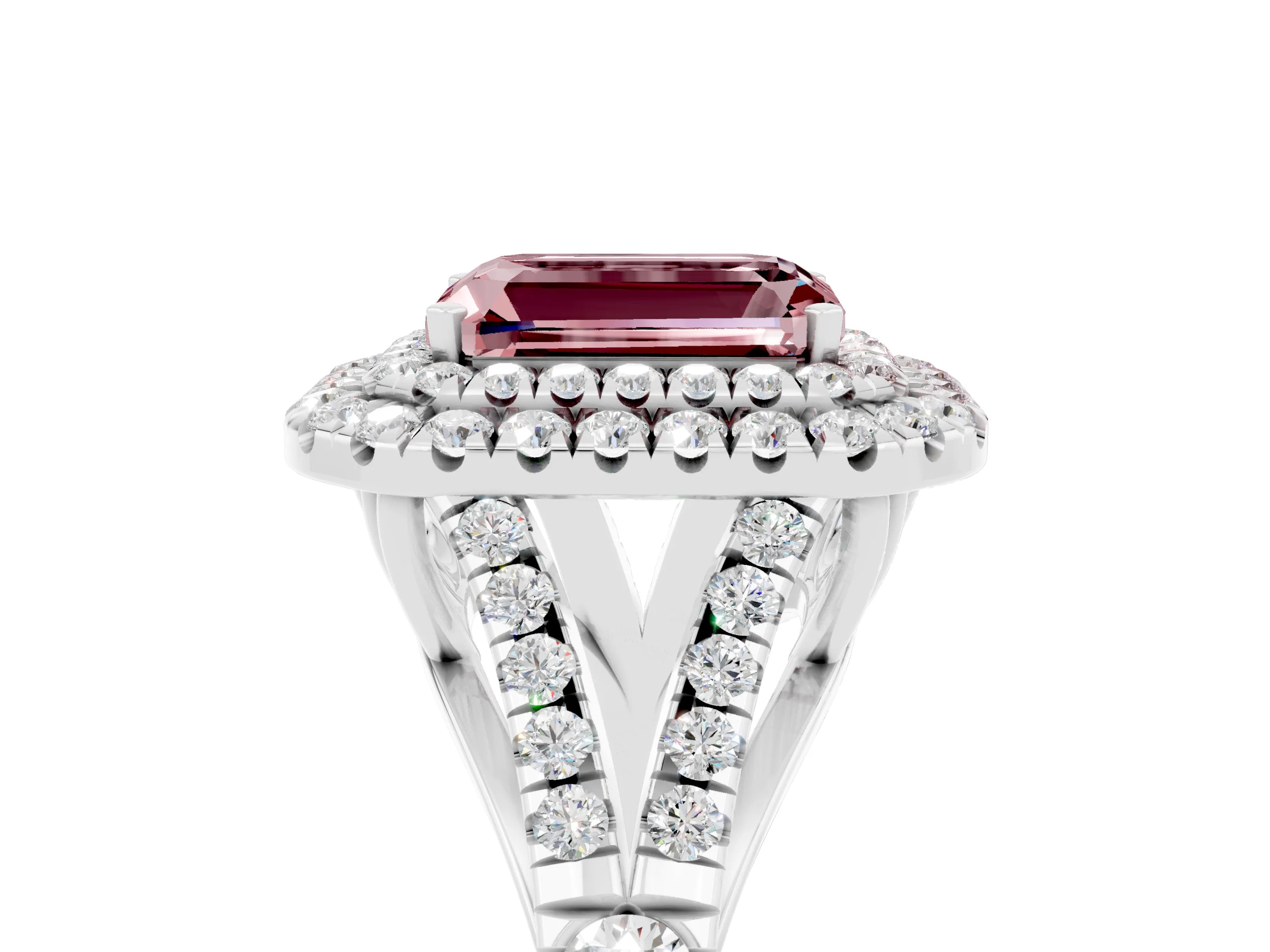 White gold Double Halo Emerald Cut Morganite Split Shank Engagement Ring with Four-Prong Setting_5