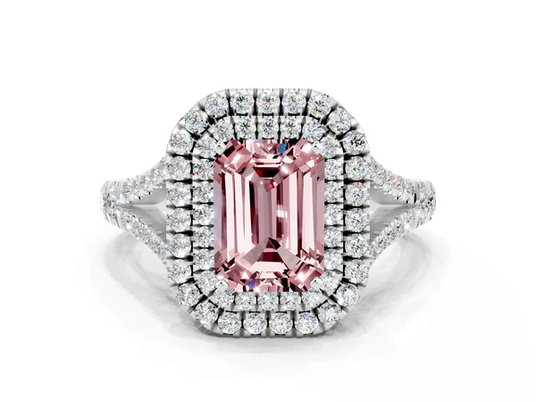 White gold Double Halo Emerald Cut Morganite Split Shank Engagement Ring with Four-Prong Setting