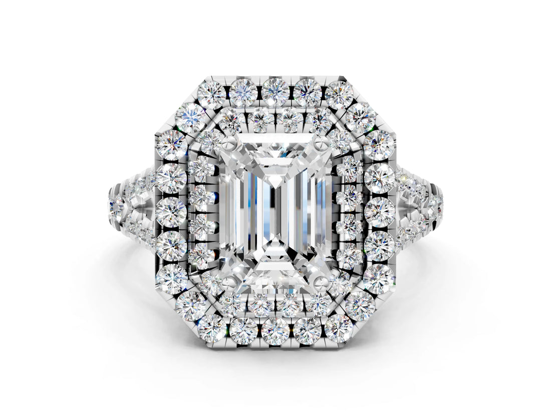 White gold Double Halo Emerald Cut Pave Split Shank Prong Set Ring_15
