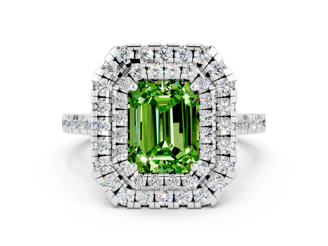 White gold Double Halo Emerald Cut Peridot Pavé Band with Four-Prong Setting