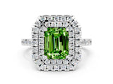 White gold Double Halo Emerald Cut Peridot Pavé Band with Four-Prong Setting
