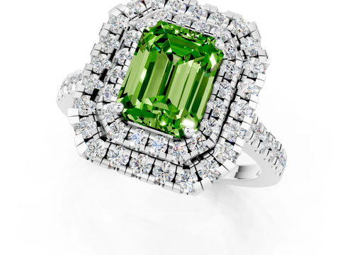 White gold Double Halo Emerald Cut Peridot Pavé Band with Four-Prong Setting_1