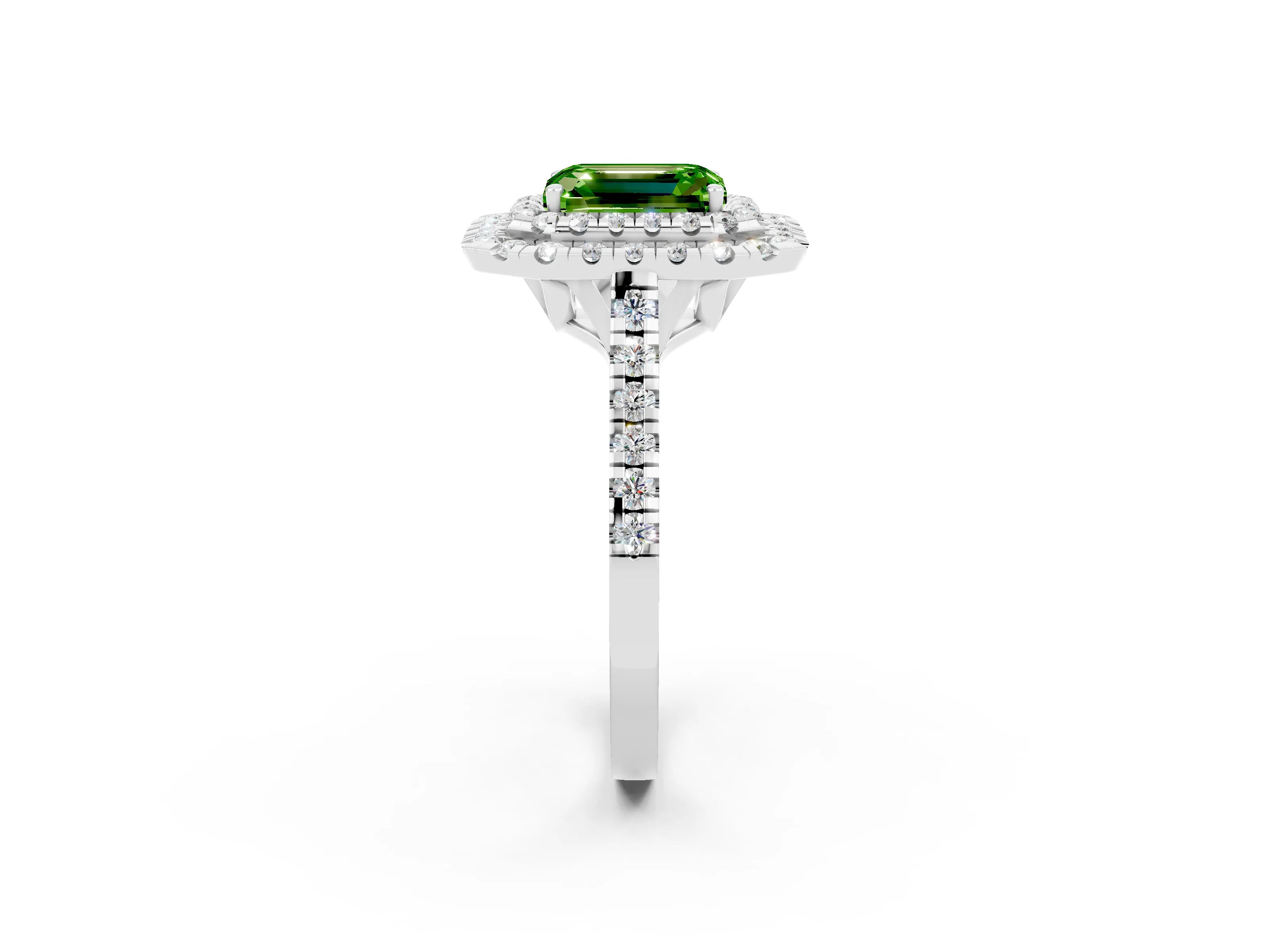 White gold Double Halo Emerald Cut Peridot Pavé Band with Four-Prong Setting_2