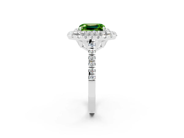 Platinum Double Halo Emerald Cut Peridot Pavé Band with Four-Prong Setting