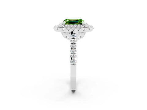 White gold Double Halo Emerald Cut Peridot Pavé Band with Four-Prong Setting_2