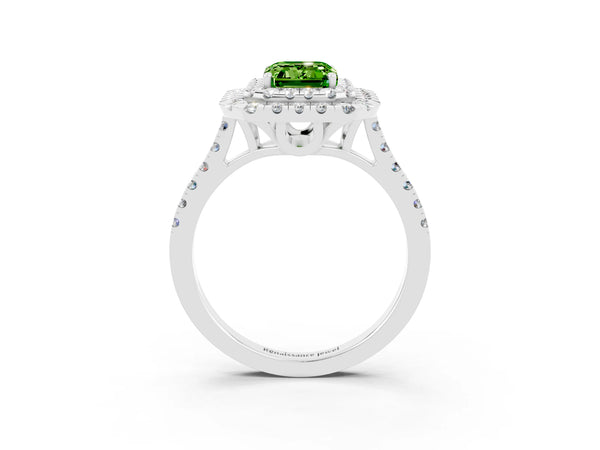 Platinum Double Halo Emerald Cut Peridot Pavé Band with Four-Prong Setting