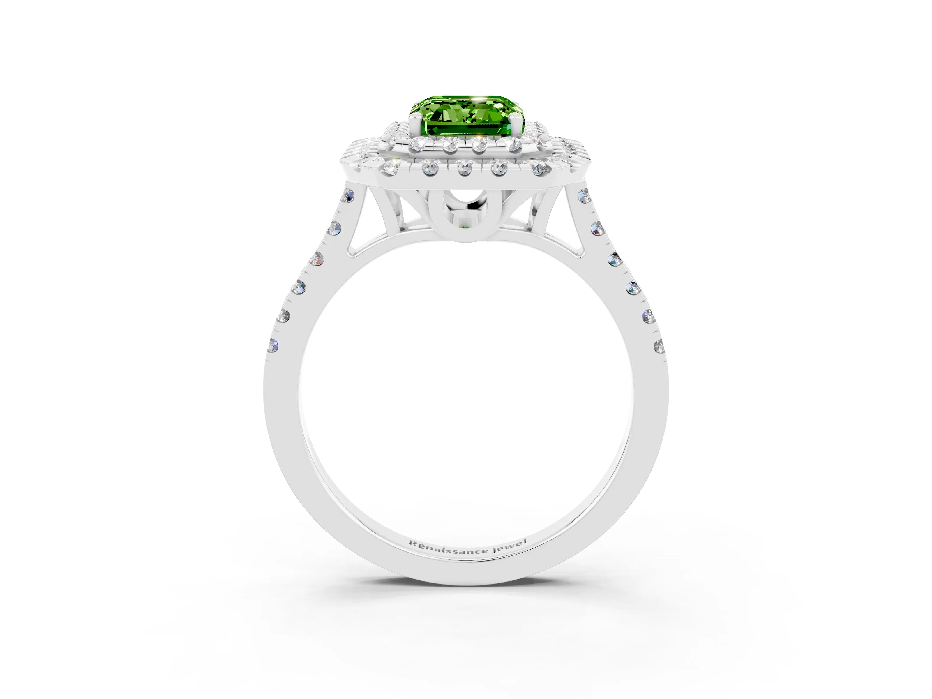 White gold Double Halo Emerald Cut Peridot Pavé Band with Four-Prong Setting_3