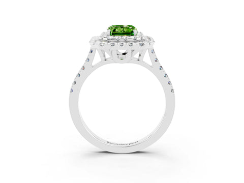 White gold Double Halo Emerald Cut Peridot Pavé Band with Four-Prong Setting_3