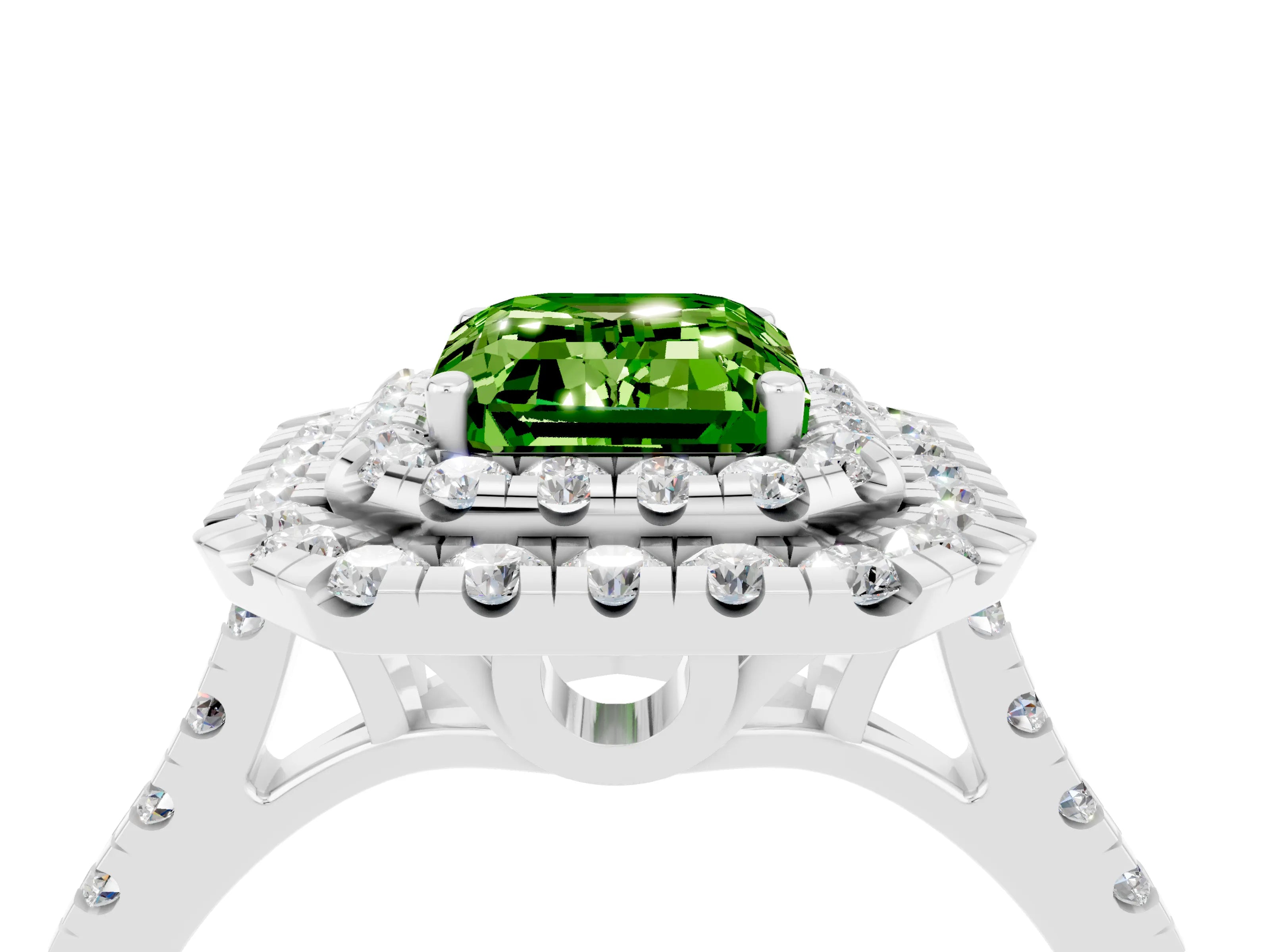 White gold Double Halo Emerald Cut Peridot Pavé Band with Four-Prong Setting_4