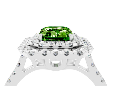 White gold Double Halo Emerald Cut Peridot Pavé Band with Four-Prong Setting_4