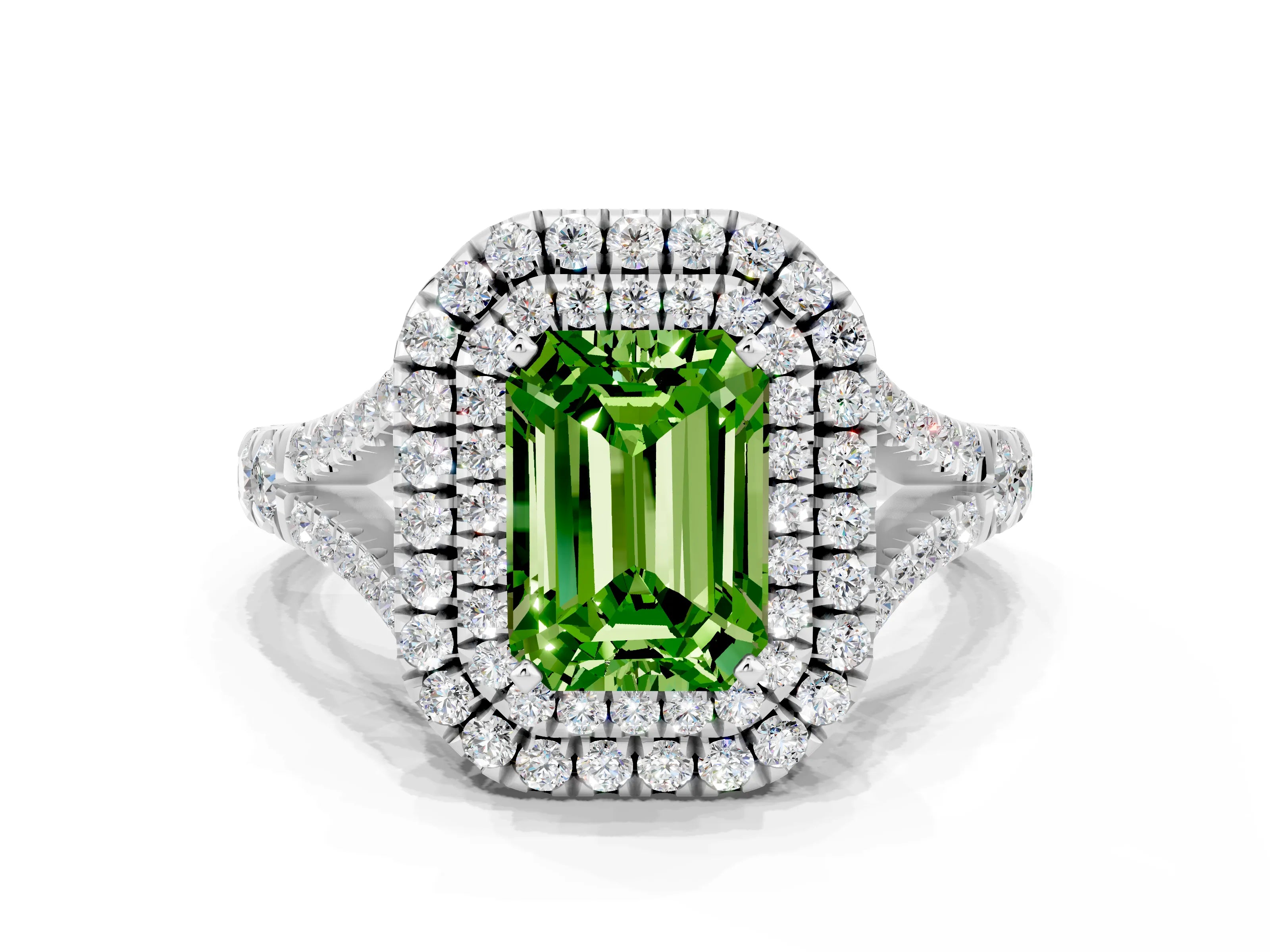 White gold Double Halo Emerald Cut Peridot Pavé Split Shank Ring with Prong Setting
