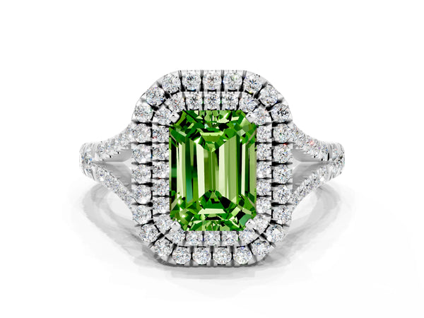 Platinum Double Halo Emerald Cut Peridot Pavé Split Shank Ring with Prong Setting