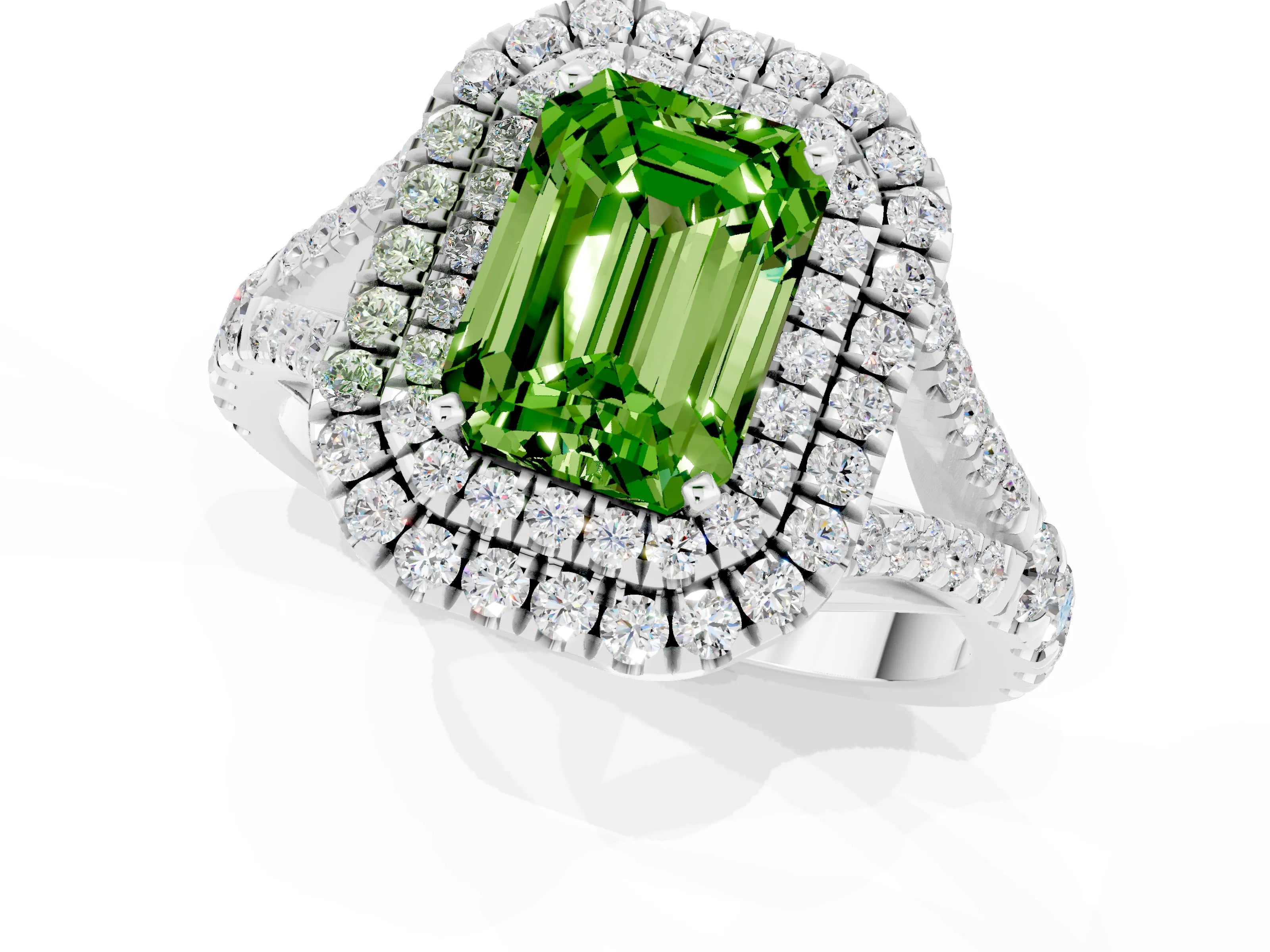 White gold Double Halo Emerald Cut Peridot Pavé Split Shank Ring with Prong Setting_1