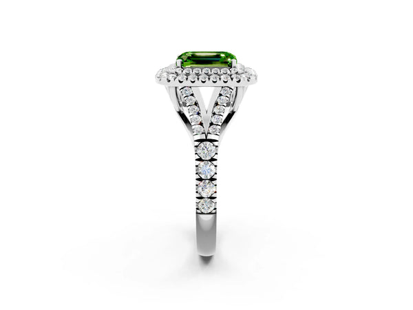 Silver Double Halo Emerald Cut Peridot Pavé Split Shank Ring with Prong Setting