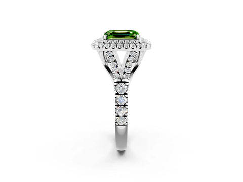 White gold Double Halo Emerald Cut Peridot Pavé Split Shank Ring with Prong Setting_2