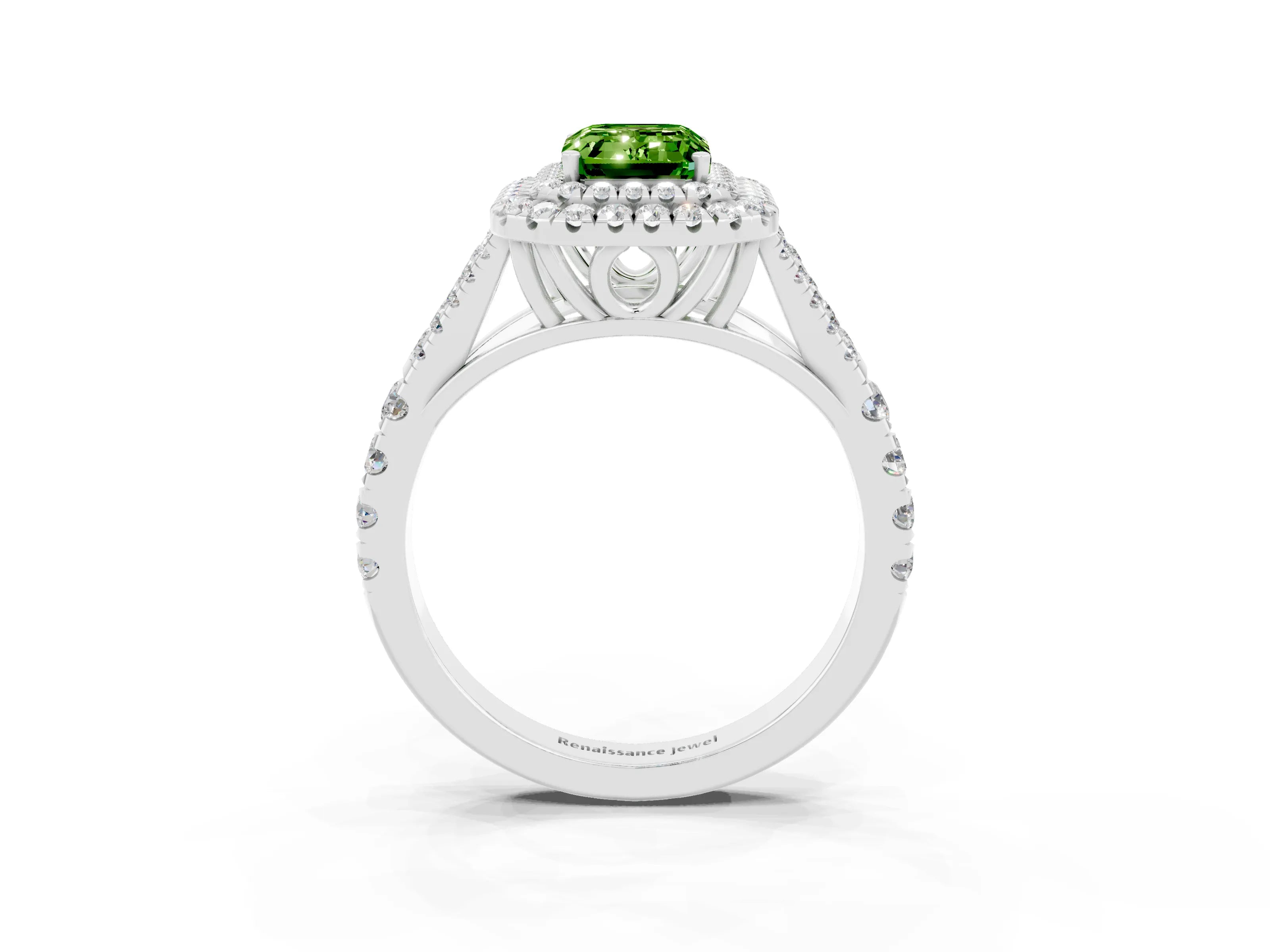White gold Double Halo Emerald Cut Peridot Pavé Split Shank Ring with Prong Setting_3