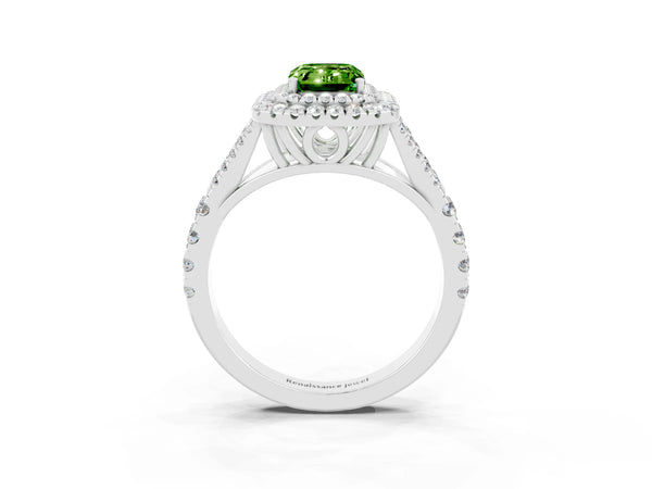Silver Double Halo Emerald Cut Peridot Pavé Split Shank Ring with Prong Setting
