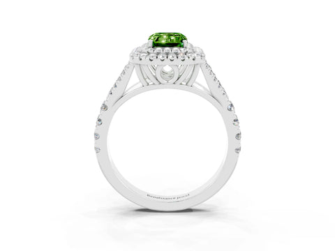 White gold Double Halo Emerald Cut Peridot Pavé Split Shank Ring with Prong Setting_3