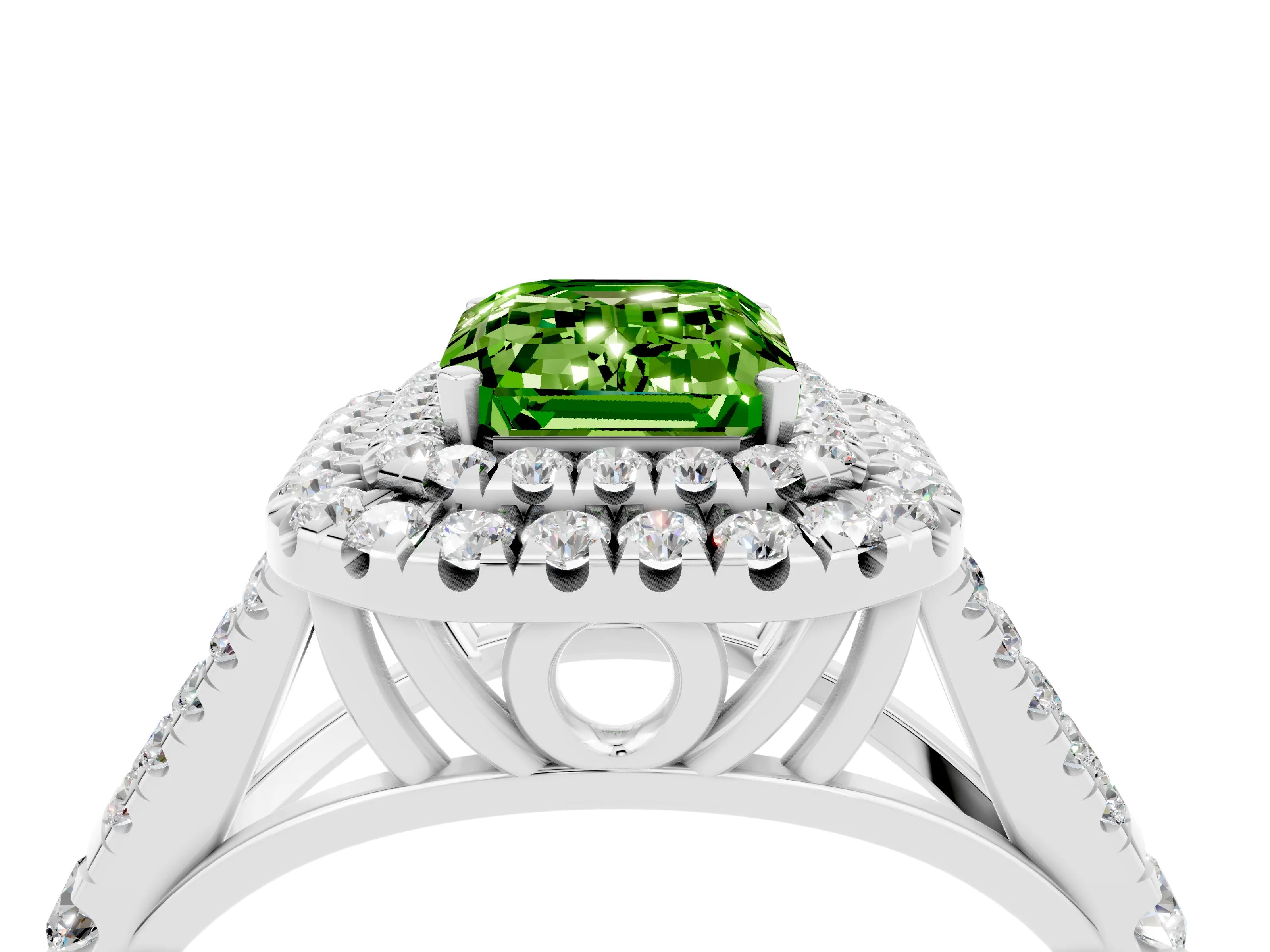 White gold Double Halo Emerald Cut Peridot Pavé Split Shank Ring with Prong Setting_4