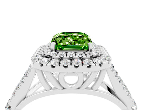 White gold Double Halo Emerald Cut Peridot Pavé Split Shank Ring with Prong Setting_4