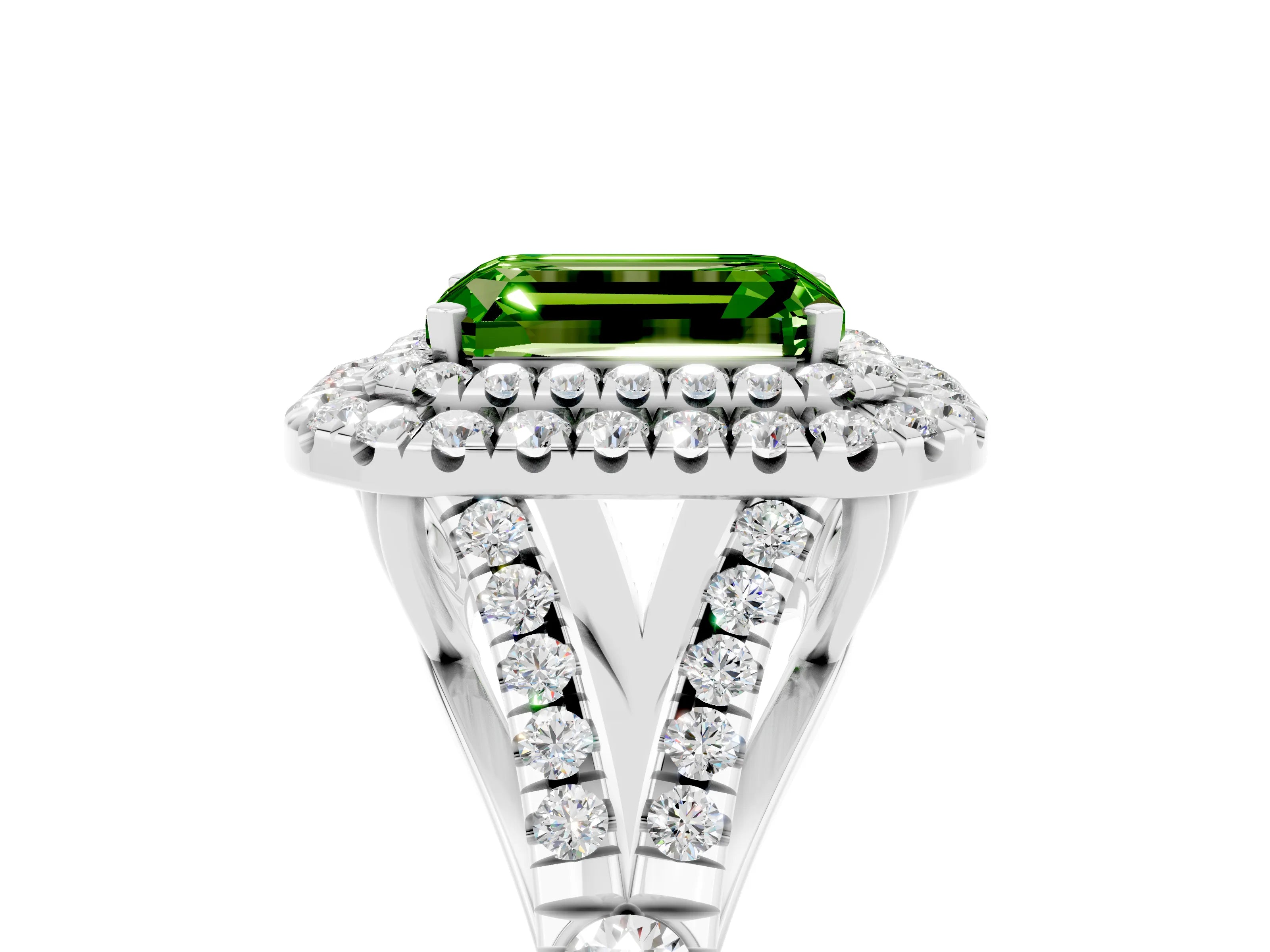 White gold Double Halo Emerald Cut Peridot Pavé Split Shank Ring with Prong Setting_5