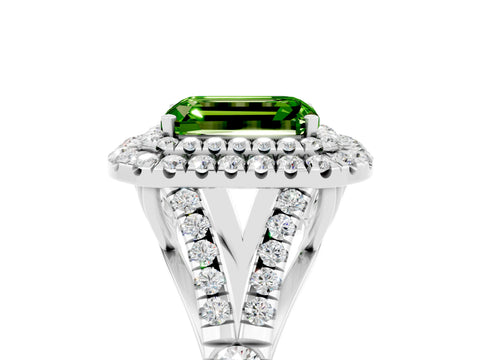 White gold Double Halo Emerald Cut Peridot Pavé Split Shank Ring with Prong Setting_5
